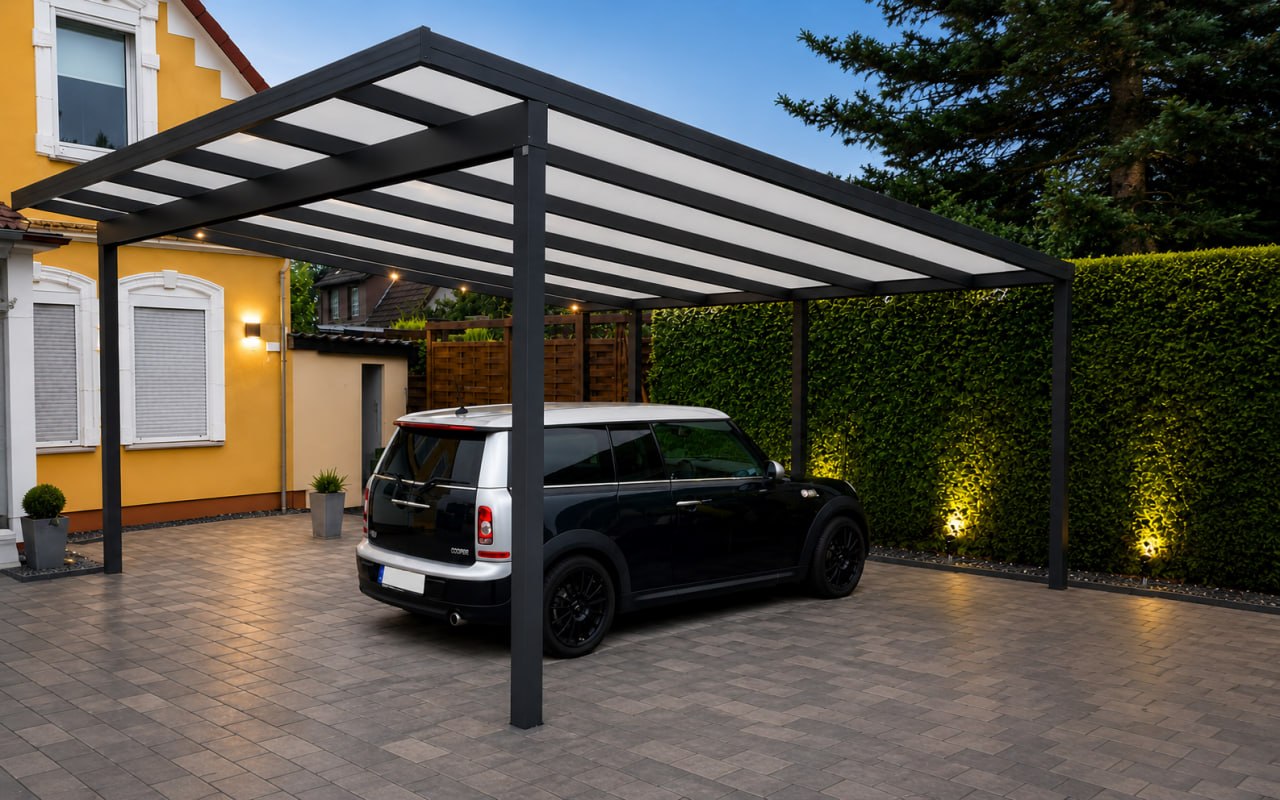 Anthrazitfarbener PCSdach® Carport am Wohnhaus